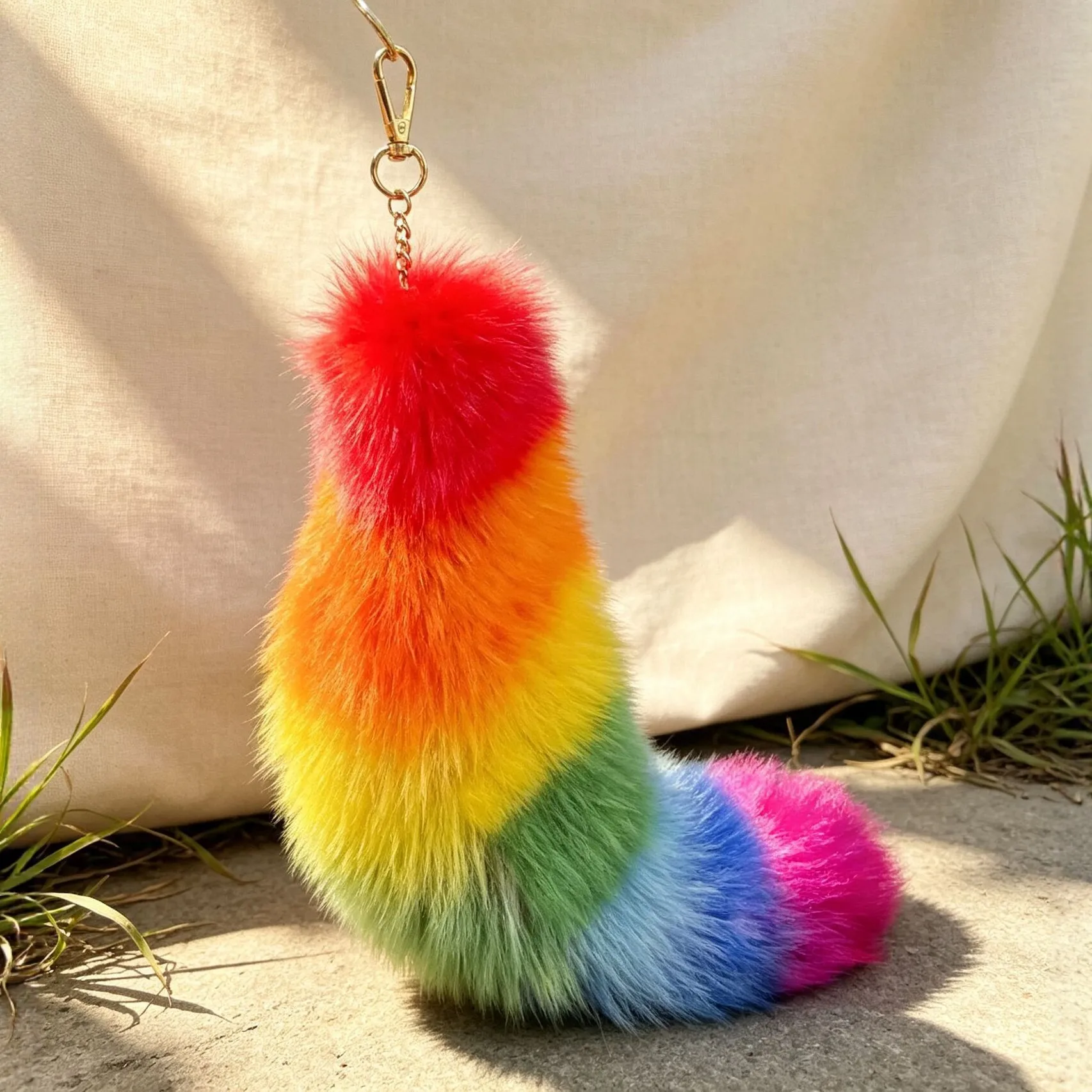 Rainbow Genuine Fox Fur Keychain Pendant Colorful Plush  Bag Hanging Decoration Fur Trimmed Fur Tail Props