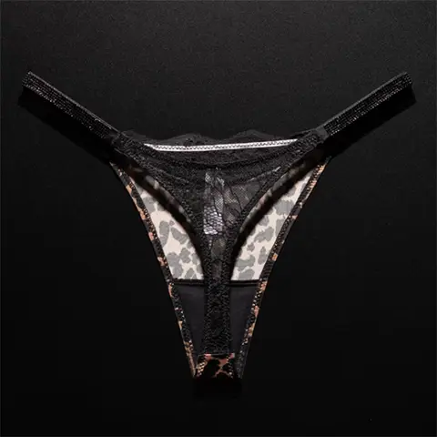 Rhinestone Belt Sexy Leopard-print Thong Women's Lace Trim Underwear Seamless Ice Silk G-string Flirty Lingerie Plus Size