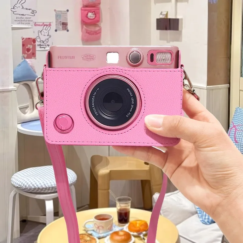 EVO Camera Bag Retro Pink PU Leather Protective Cover with Shoulder Strap for Fujifilm Instax Mini EVO Anti-Scratch Portable