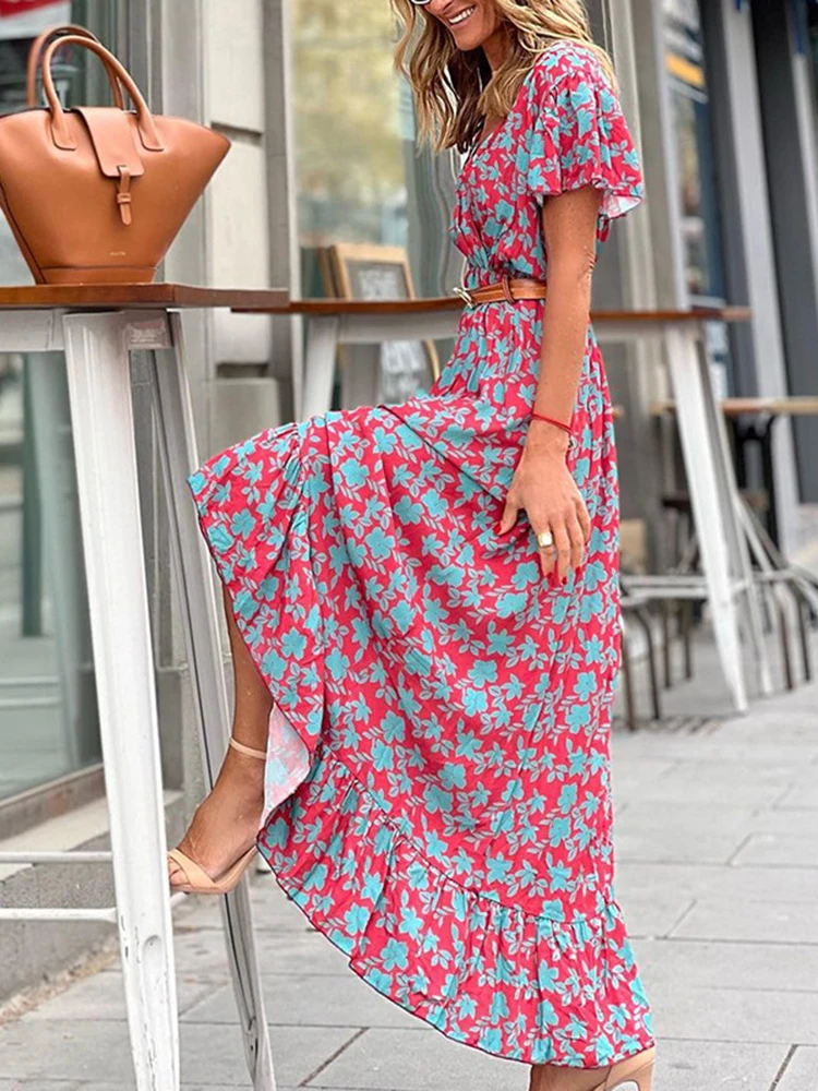 

Summer Floral Beach Dress Women V Neck Boho Long Dress Casual Short Sleeve Belted Print Dress Female Fashion Ruffle Tunic Dress