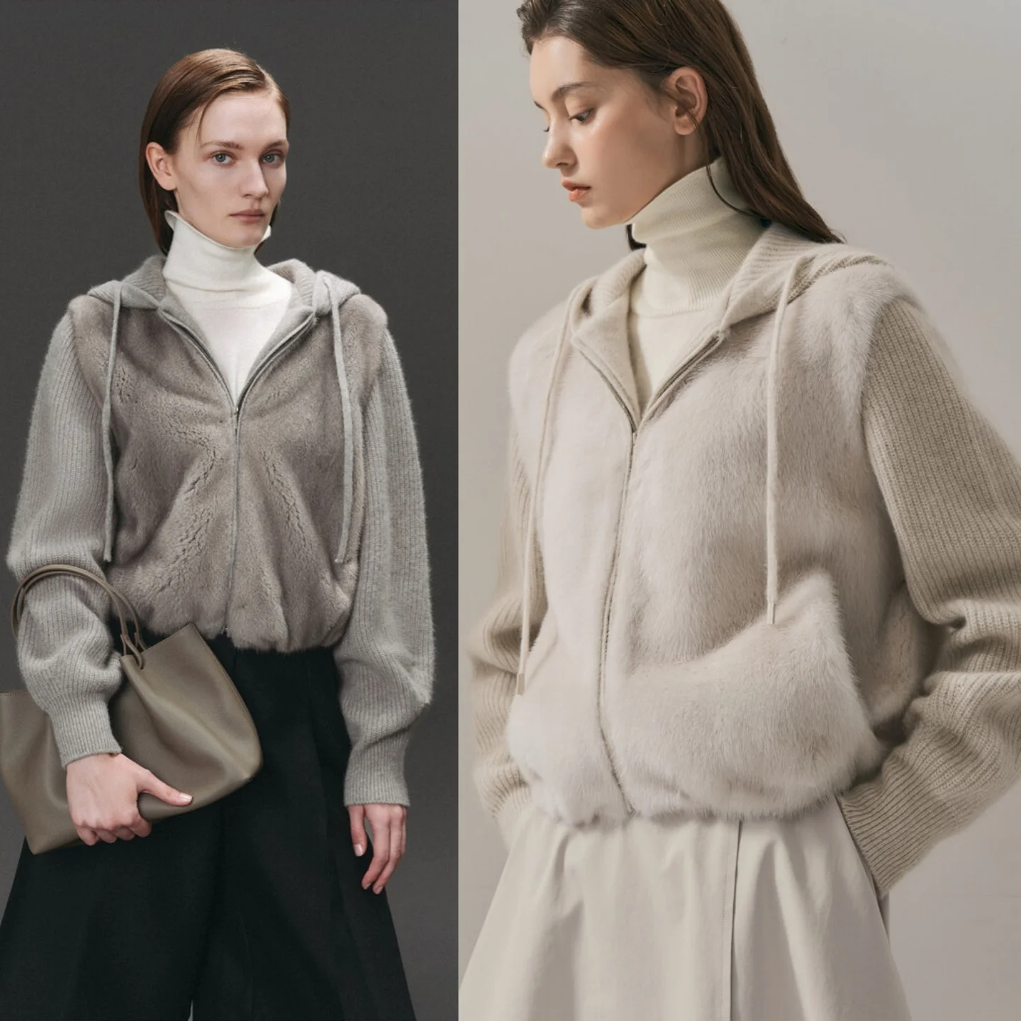 Knitted Patchwork Fur Coat with Hat And Adjustable Drawstring Commute Versatile Top Outerwear Women's Fashion Autumn Winter Coat