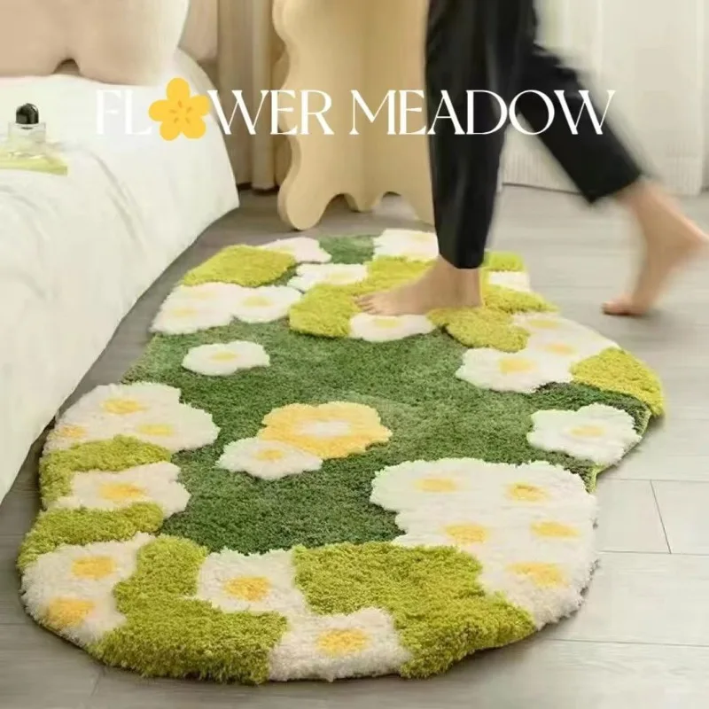 Aesthetic Tufting Moss Floral Bedroom Rug Bathroom Mat Soft Meadow Plant Living Room Carpet Bedside Floor Pad Doormat Home Decor