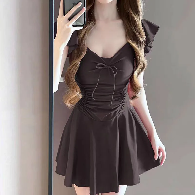 Women's One-piece Solid Color Sweet Skirt Style Slimming and Slimming, Covering Flesh and Stomach, Hot Spring Swimsuit