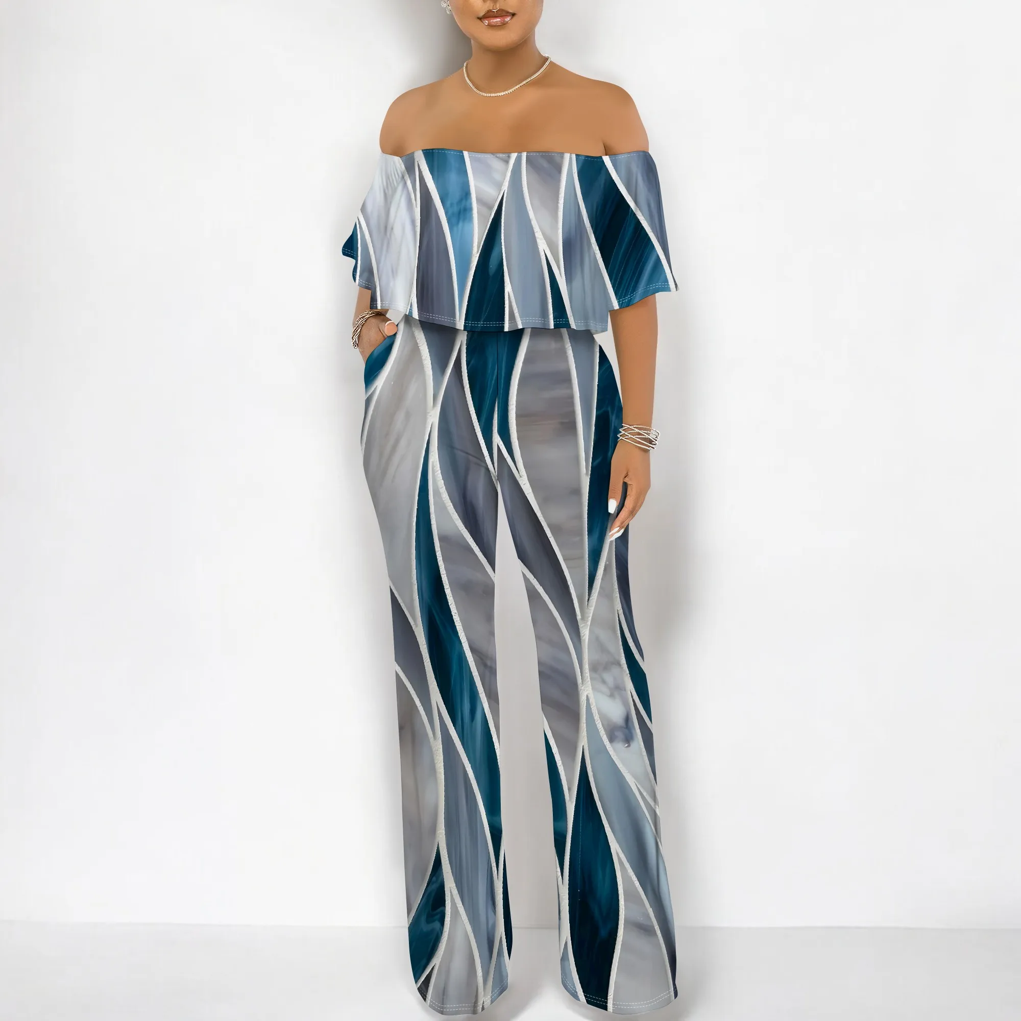 

Nupusa Abstract Print Off Shoulder Jumpsuit Women Summer Casual Wide Leg Romper