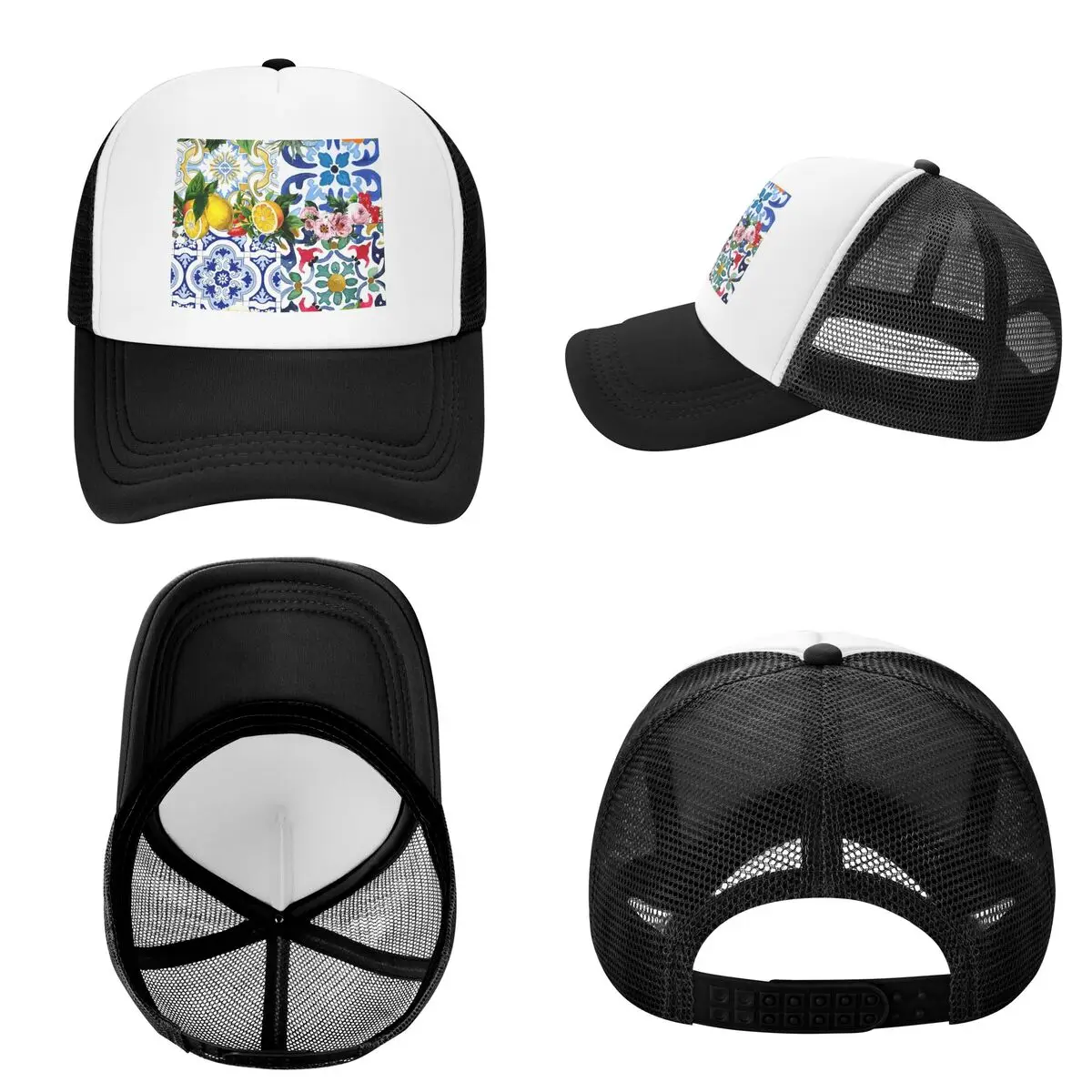 Sicilian Tiles,mediterranean,mosaic,lemons 3 Cap Casual Mesh Baseball Caps Adjustable Hat Hip Hop Summer Unisex Baseball Hats