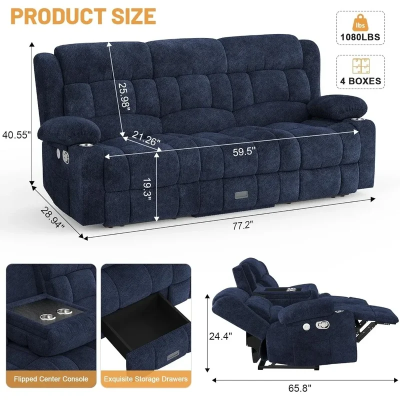 Modern 3-Seat Reclining Sofa with Flip Middle Backrest and Storage Drawer for Living Room