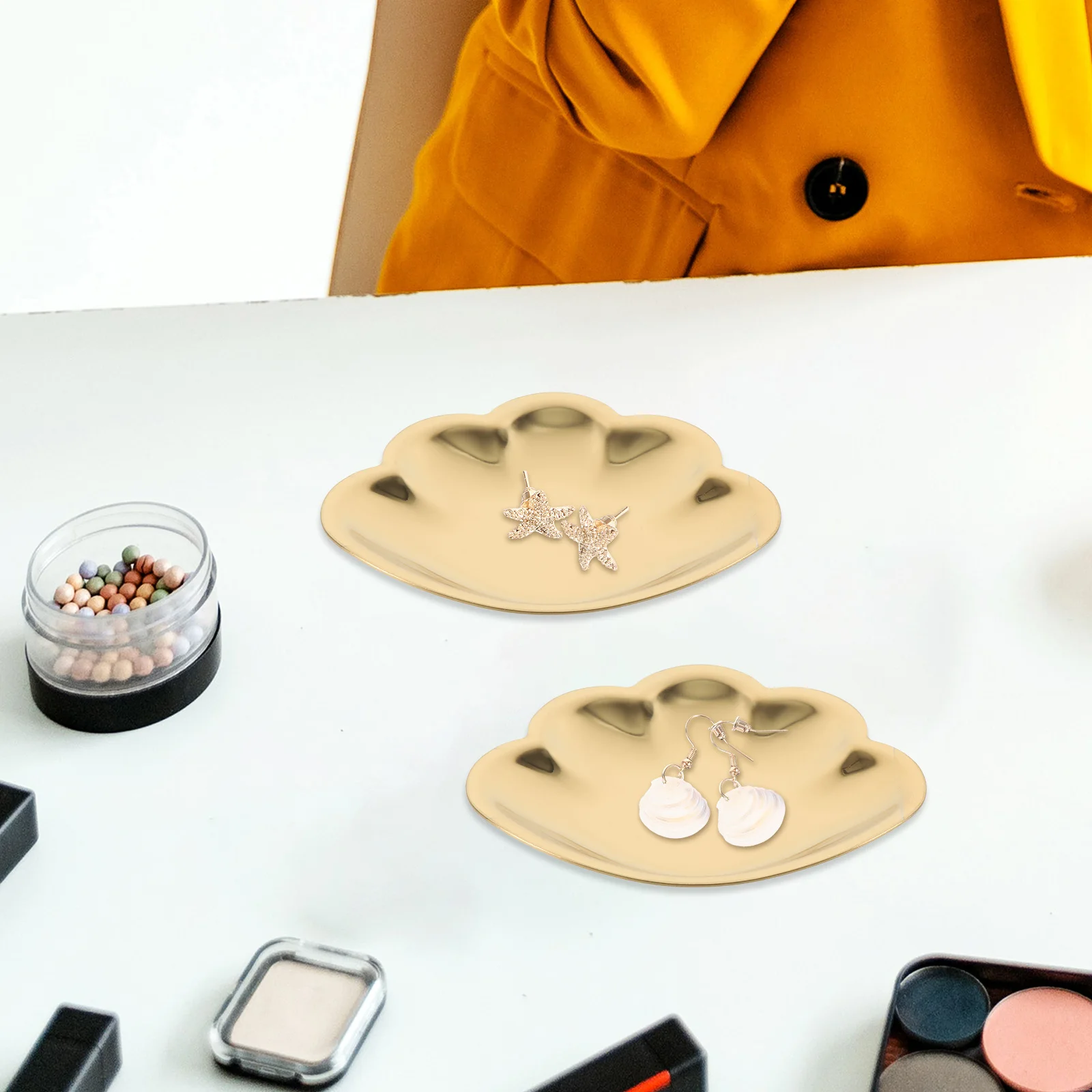 

2pcs Stainless Steel Jewelry Storage Tray Shell-Shaped Household Makeup Organizer Large Capacity Ring Earring Holder Bedroom