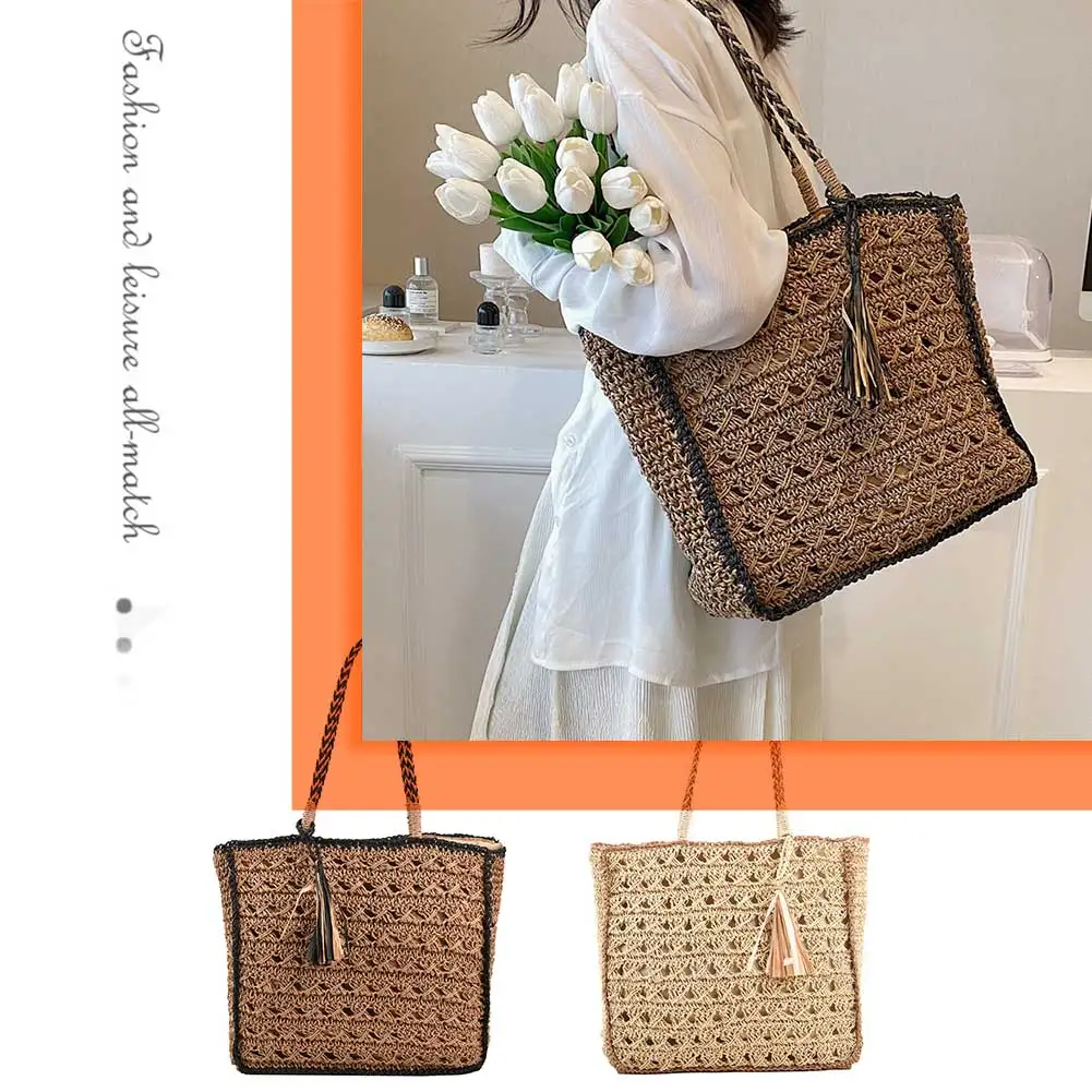 

Women Weaving Handbag Hollow Out Tassel Grocery Bag with Short Handle Solid Color Woven Bag for Female Girls