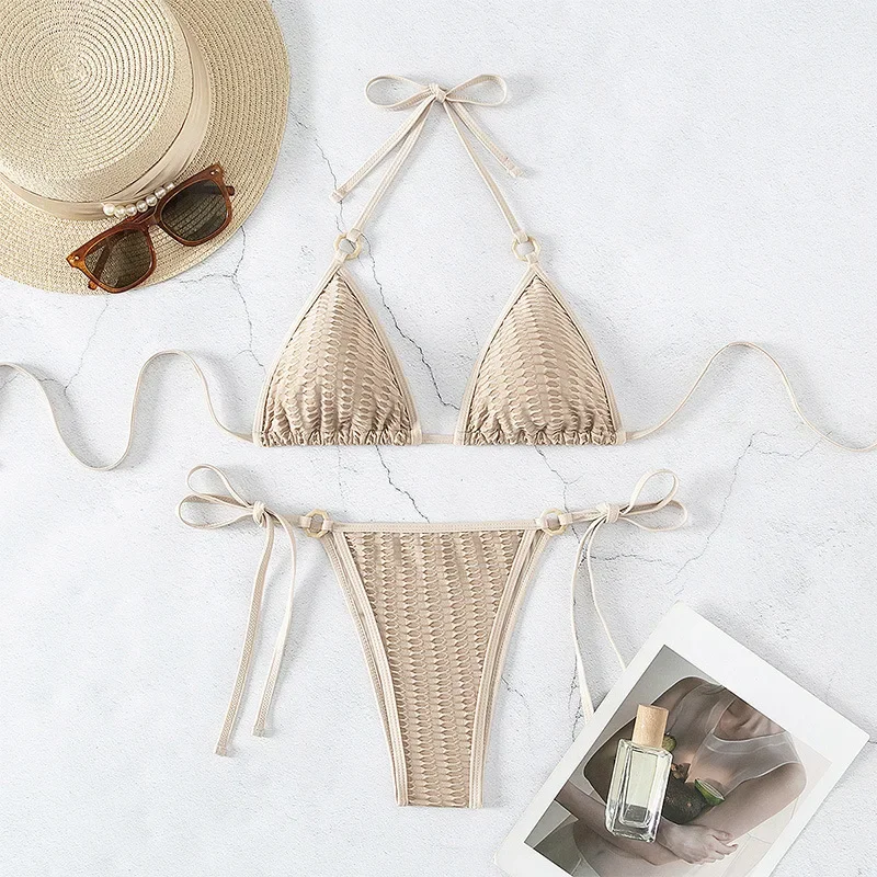New Sexy Push Up Bikini Set Women 2025 Halter Solid Khaki Wave Design Swimsuit Summer Bathing Suit Tie Side Thong Swimwear