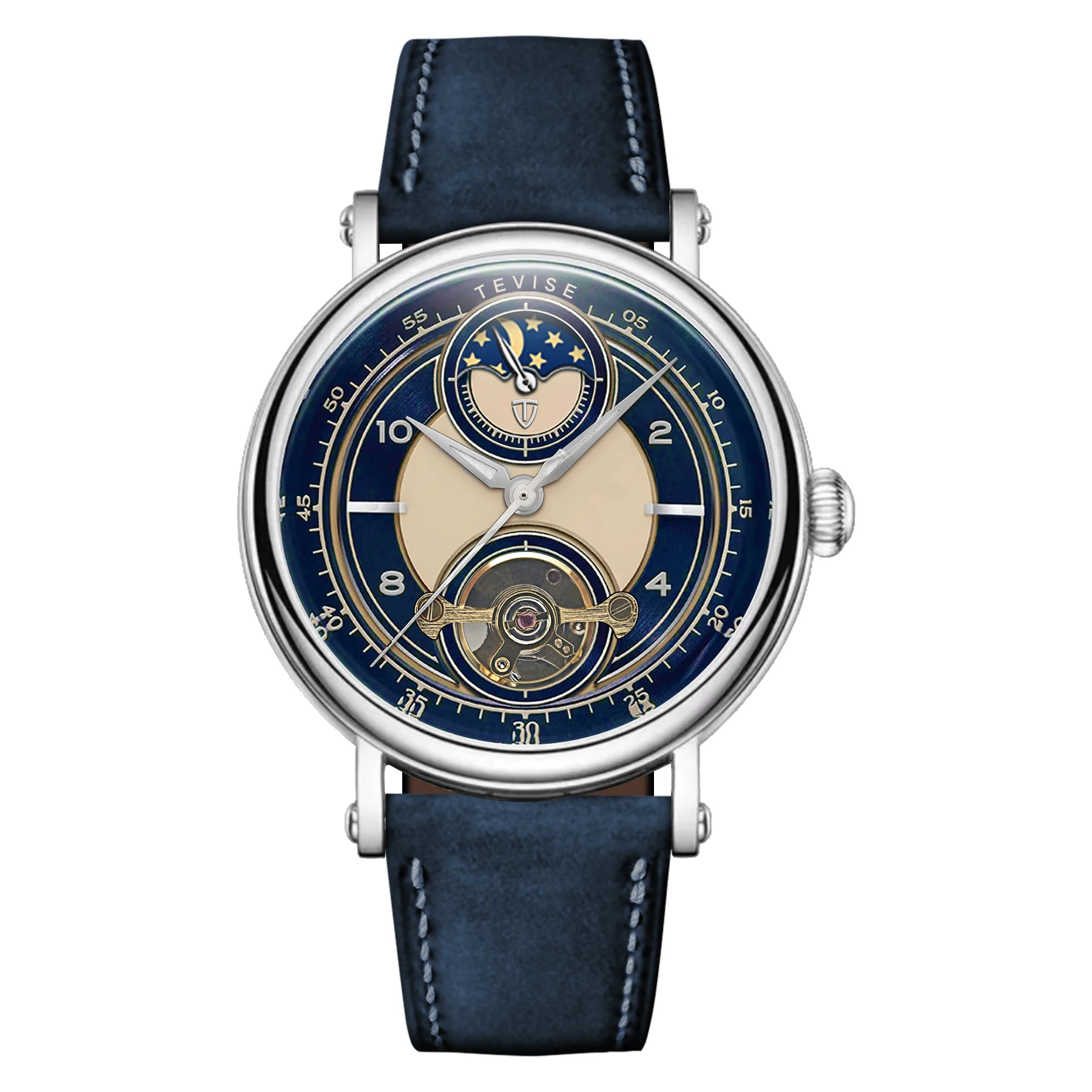 Fashion Tevise Top Brand 2025 New Automatic Mechanical Watches For Men Moon Phase Skeleton Luminous Leather Strap Fashion Luxury