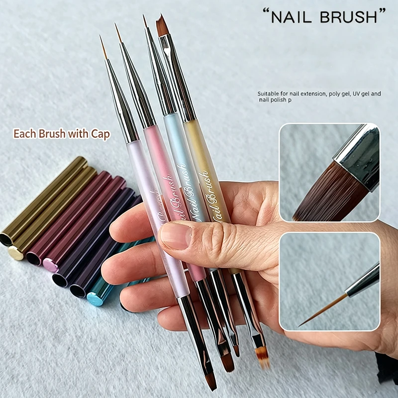 Double‑ended Macaron Nail Art Brush With Cap UV Gel Liner Painting French Moon Pen For Salon Home DIY Manicure Accessories