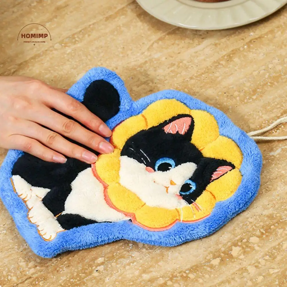 

2pcs Water Absorption Cartoon Cat Hand Towel Coral Fleece Hanging Kitchen Handkerchief Skin-friendly Thickened Kitchen Towel