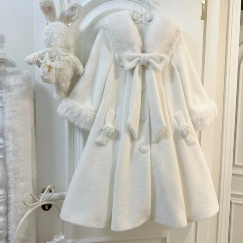 Japanese Sweet Lolita White Coats Women Kawaii Detachable Furry Collar Big Bow Mid Length Jackets Harajuku Winter Warm Outerwear