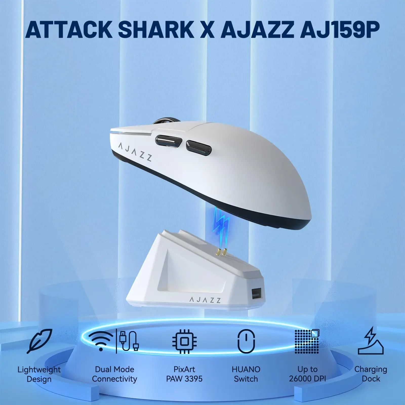 

Геймерская мышь AJAZZ AJ159P/AJ159Pro, 2,4 ГГц, сенсор PAW3395, 26000 DPI, 56 ГГц, легкая мышь с магнитной зарядной док-станцией RGB для ПК