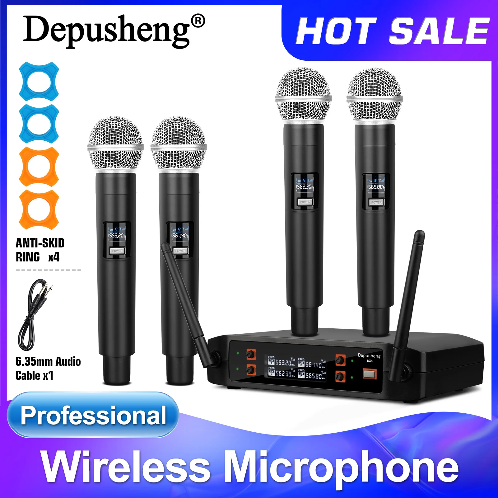 

Depusheng X4 4Channel Wireless Microphone System with Pro Audio Quality, Includes Anti-Skid Rings and 6.35mm Audio Cable Perfe