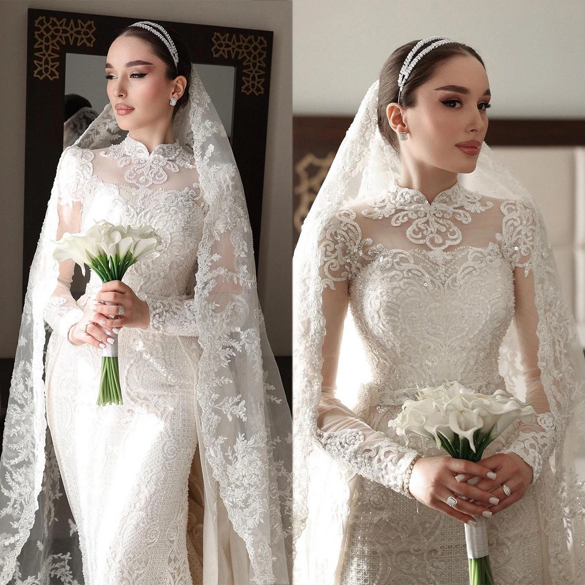 Mermaid Wedding Dresses Long Sleeves High Neck New Gowns Appliques Ruffles Beads Bridal Gowns Vestina De Novia Size Customized