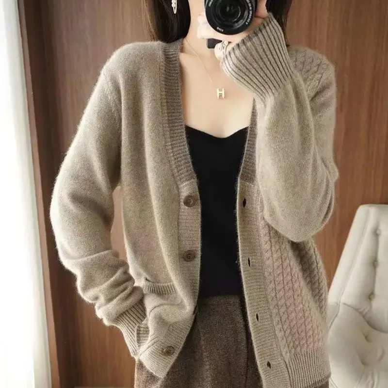 Ladies Sweaters V-neck Cardigan Winter Button Brown Knitted Top For Women Korean Style Modern New In Trend Unique Offers Jumper