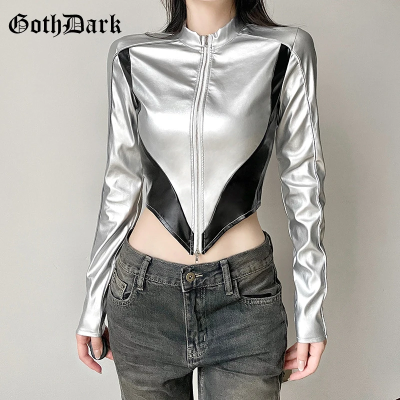 

Goth Dark Moto Biker Streetwear Faux Leather Patchwork Irregular Cardigan Jackets Women Cyber Y2K Zip Slim Crop Coats Alt Outfit