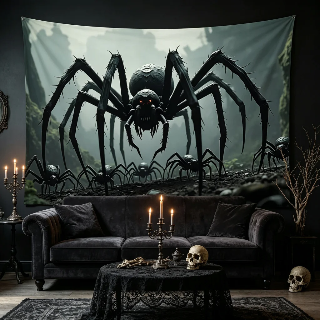 1PC Giant Spider Web Horror Halloween Print Backdrop Banner, Bedroom Photo Background, Polyester, Halloween Party Decoration