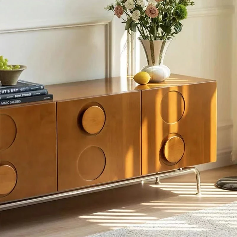 Retro-TV-Schrank aus Massivholz, moderner, schlichter Schrank für kleine Wohnungen, französischer, mittelalterlicher, cremefarbener Boden-Beistellschrank