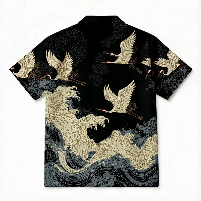Men Japanese Shirt Short Sleeve Loose Ukiyo-e Oriental Traditional Crane Wave Print Casual Summer Novelty New Trendy Cool Style