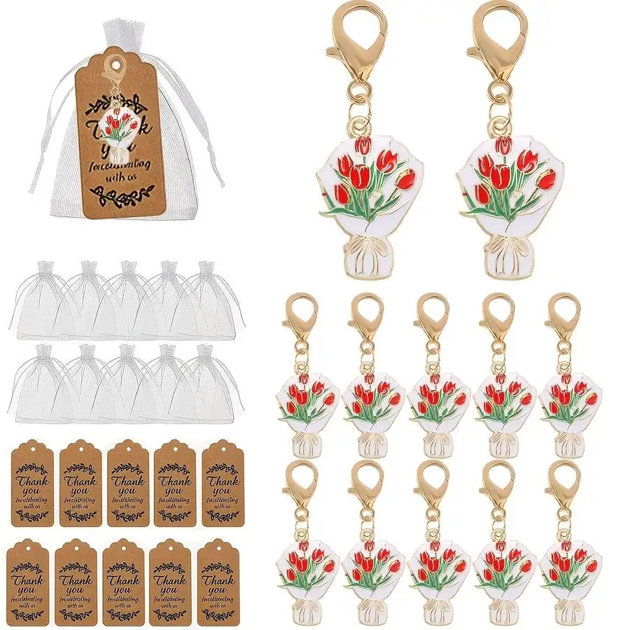 1/5/10/20/50/100pcs 10-pack Set of Red Flower Keychains - Bulk Pack - Thank You Gift Suitable for Women, Moms, Grandmas - Zinc A