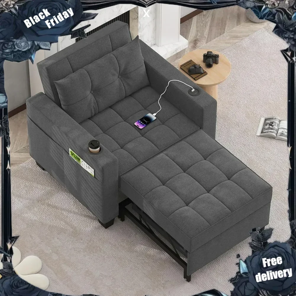 Pull Out Sofa Bed 3-in-1 Convertible Sofa Sleeper Chair Bed with USB, Cup Holder, Adjustable Armchair Beds for Small Spaces