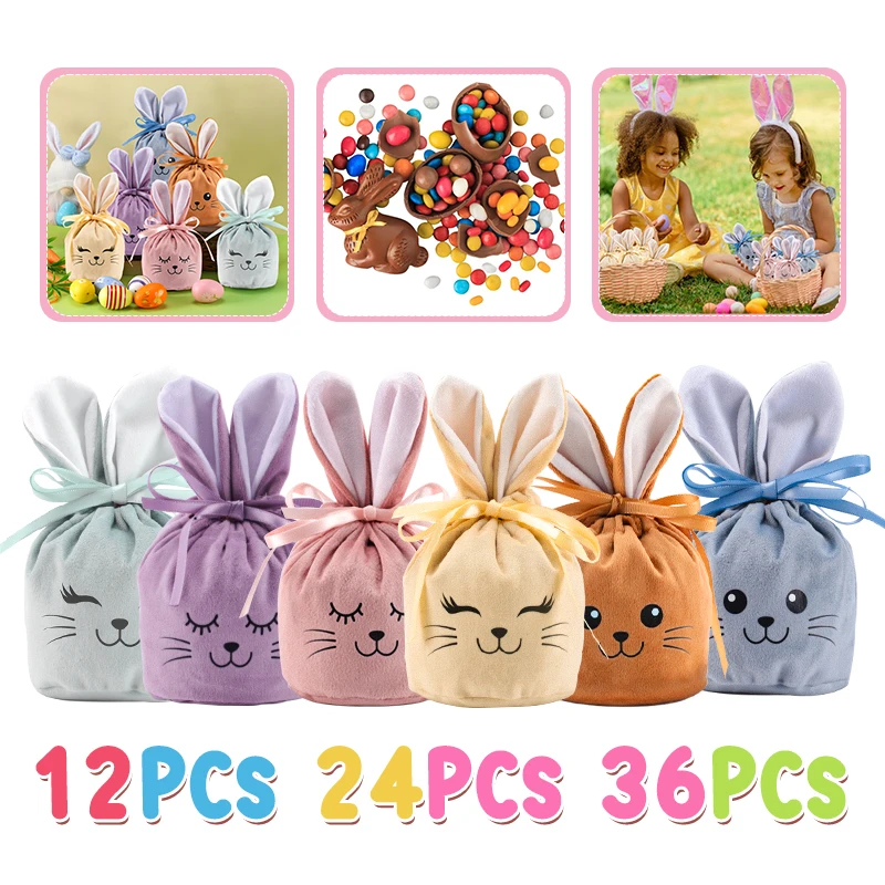 36/24/12PCS Velvet Easter Rabbit Bags Cookie Candy Gift Bags Chocolate Packing Pouch Baking Packaging for Biscuits Gift Boy Girl