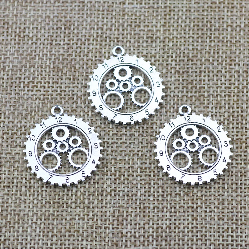 8pcs/Lot 25x28mm Antique Silver Color Hollow Gear Clock Charms Pendant For Jewelry Making DIY Jewelry Findings