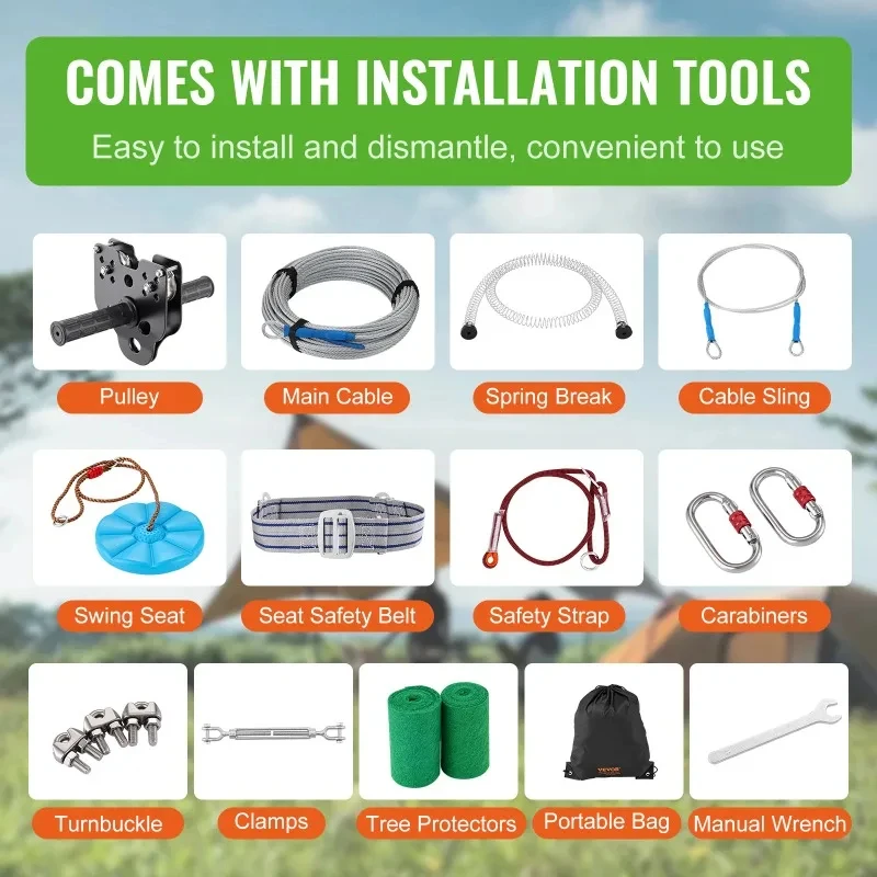 /0/0/0 FT Zipline Kit Up to 0 lbs Backyard Outdoor Playground Entertainment Stainls Steel Safety Harns