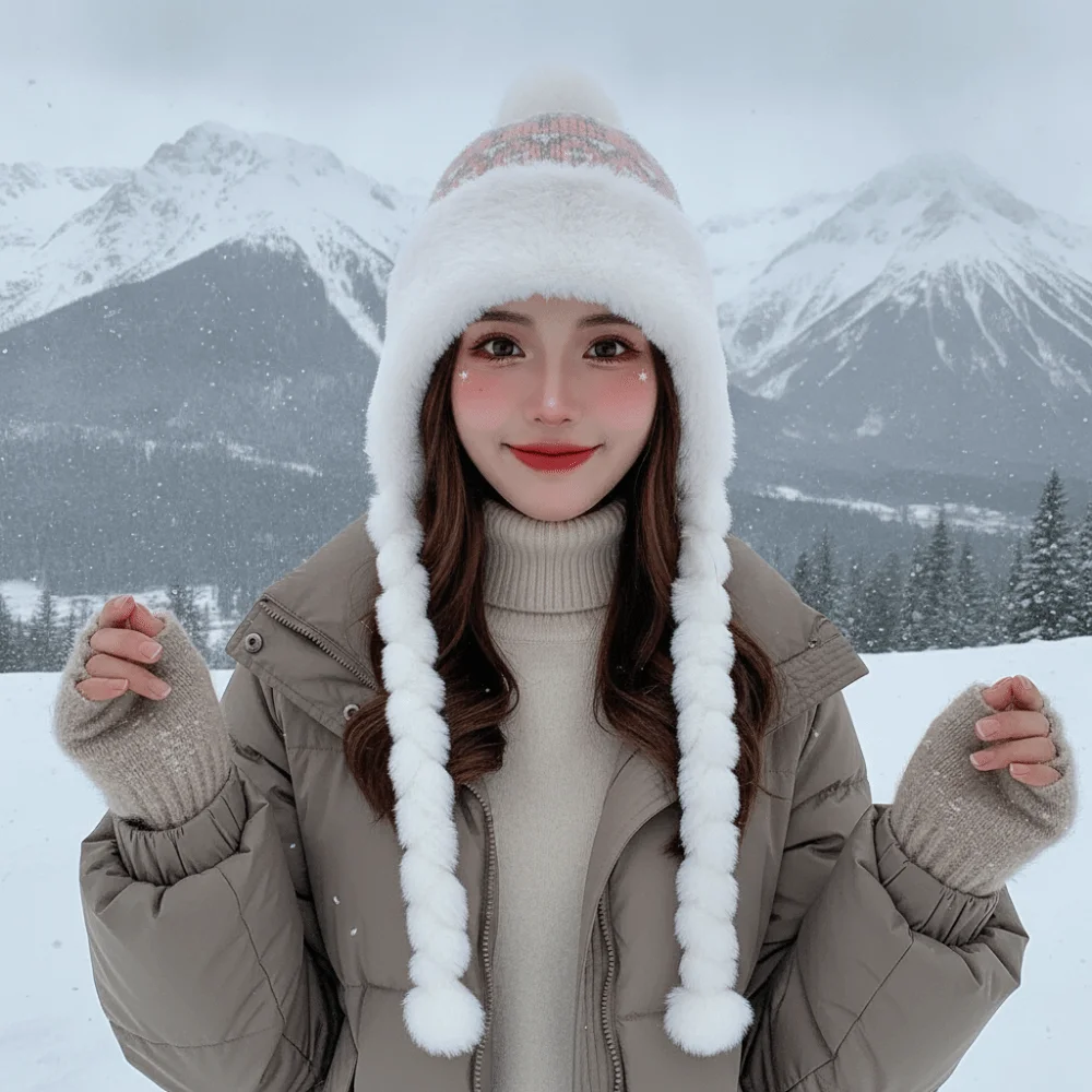 Fleece Lined Pompom Braids Hat Striped Knit Soft Yarn Fur Trim Trapper Windproof Fur Brim Fleece Knit Beanie Travel