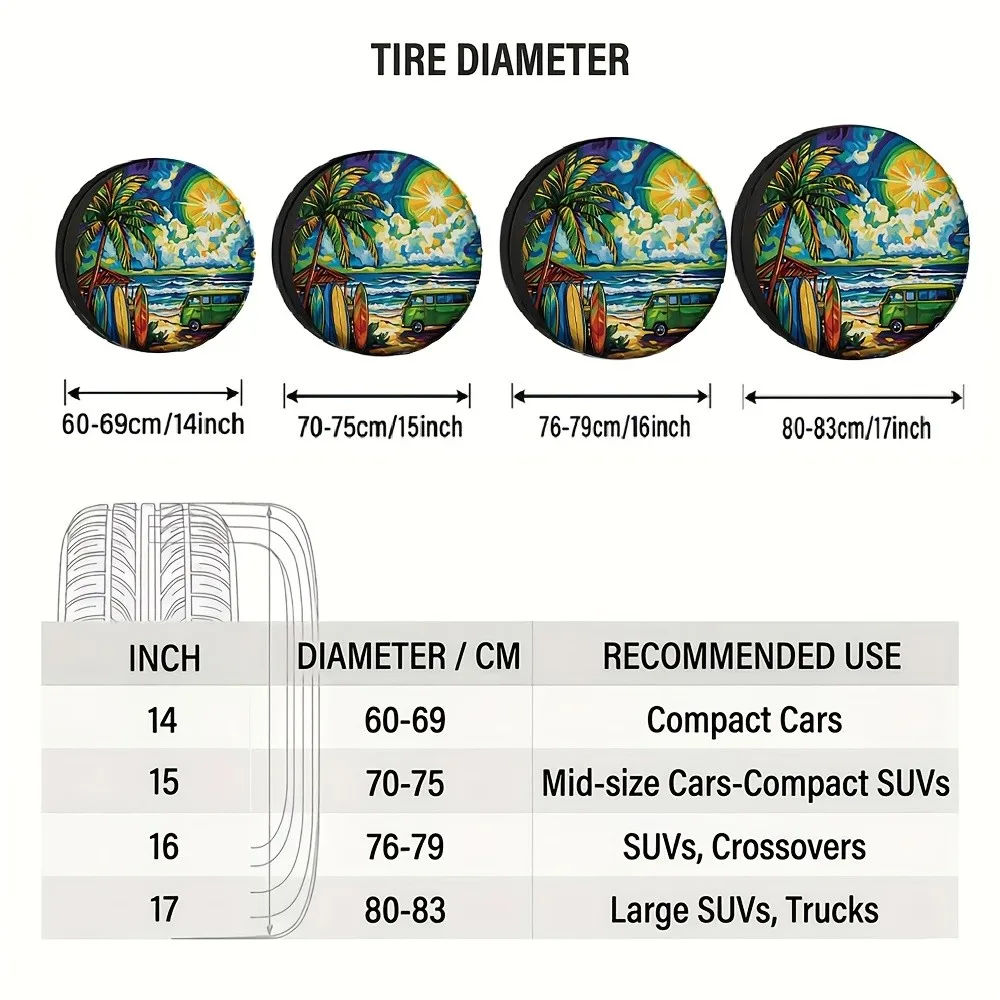 Colorful Beach Van Surf Spare Tire Cover Polyester Waterproof Sun Protection for SUV