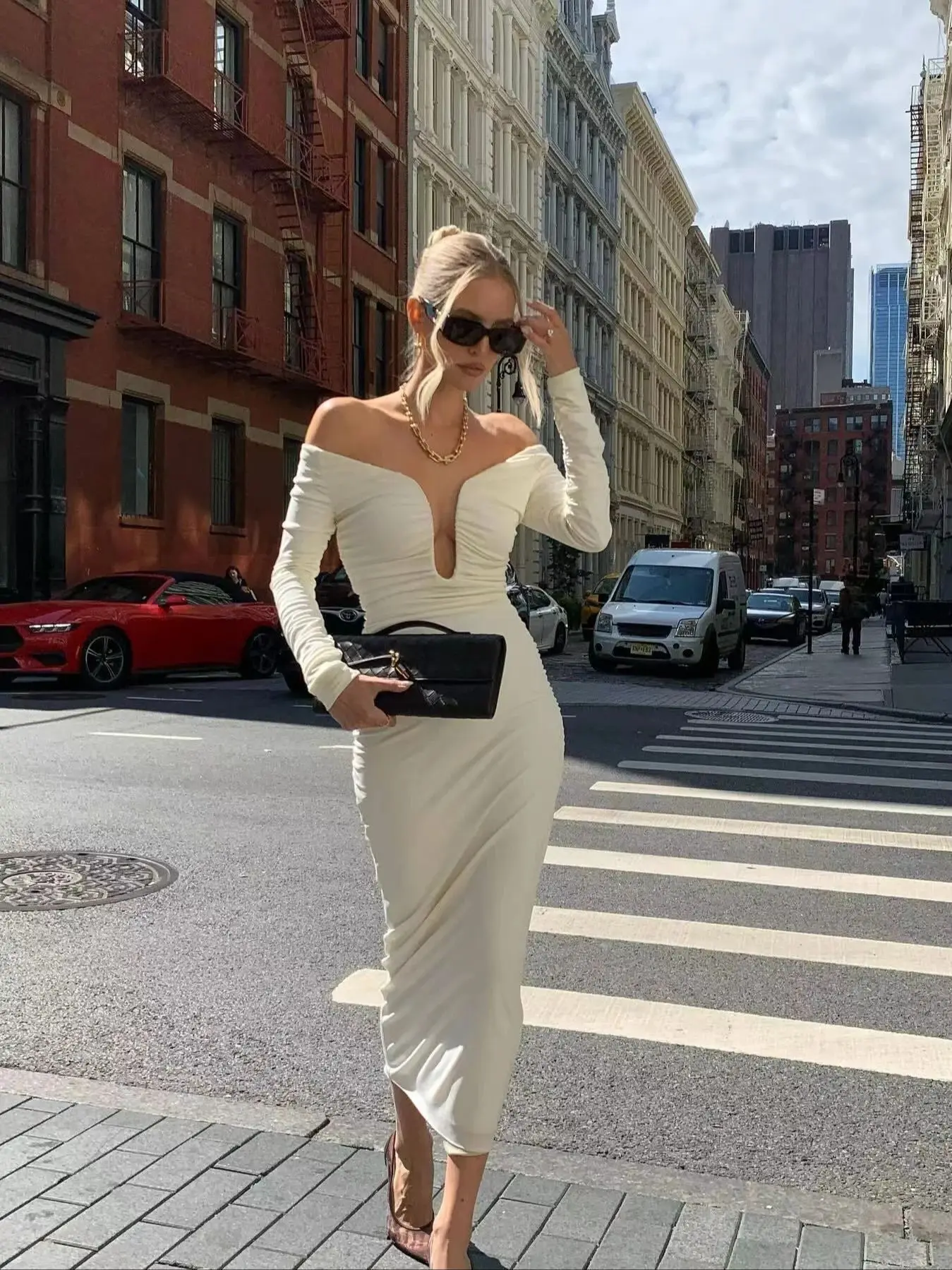 New INS Dress 2024 Women Sexy Off Shoulder Full Sleeve Long White Bodycon Dress Elegant Long Glitter Evening Party Dress