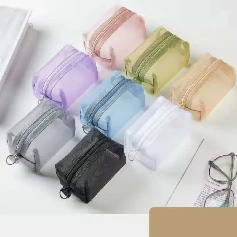 Mini Clear Nylon Mesh Cosmetic Bags Cute Women Small Lipstick Makeup Bags Pouch Data Line Key Earphone Organizer Case