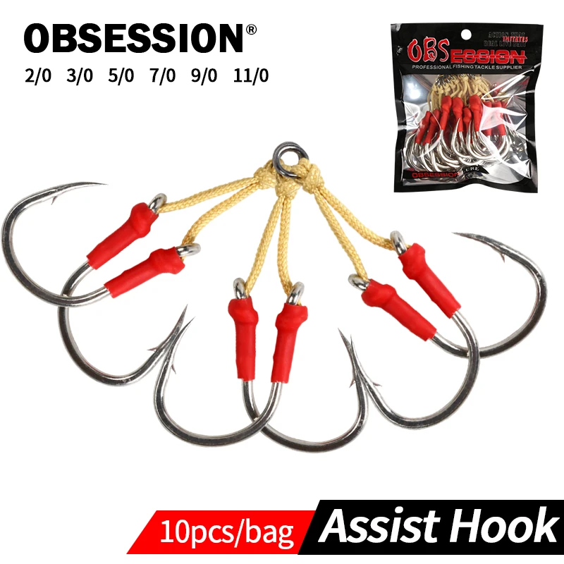 

OBSESSION 10pcs/bag Metal Jigging Hooks 2/0 3/0 5/0 7/0 9/0 11/0 Saltwater Fishing Single/Double Hook Barbed Assist Pike Hook