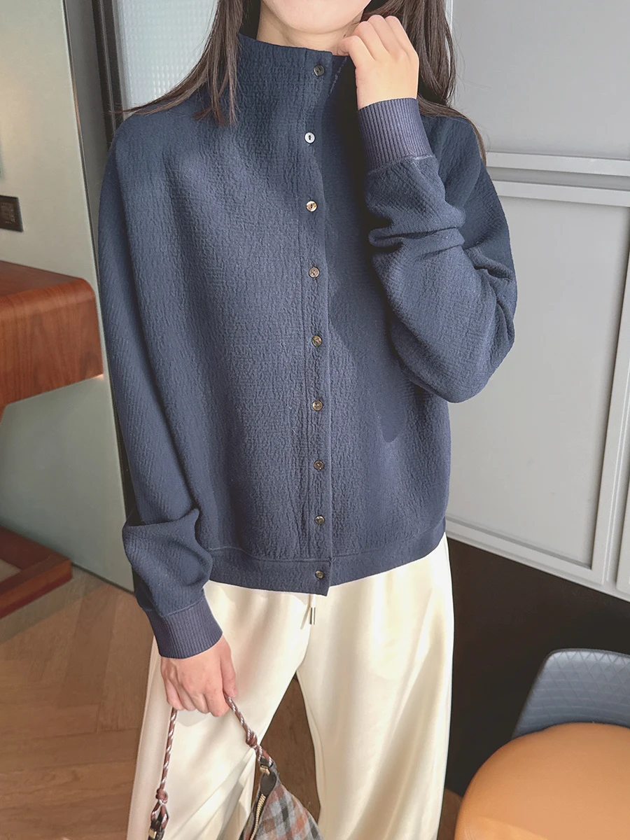 

Художественный свободный синий жакет с длинными рукавами, воротником-стойкой, на одной пуговице, с эластичной текстурой, мягкая верхняя одежда