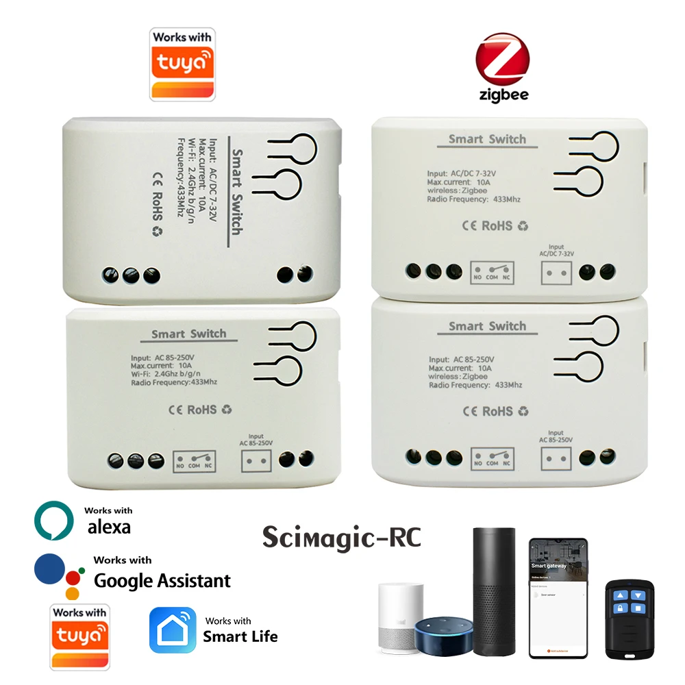 Zigbee Wifi Smart Relay 12V 24V 220V Dry Contact NO/NC/COM Module Timer Inching Switch for Light/Motor Works with Tuya APP Alexa