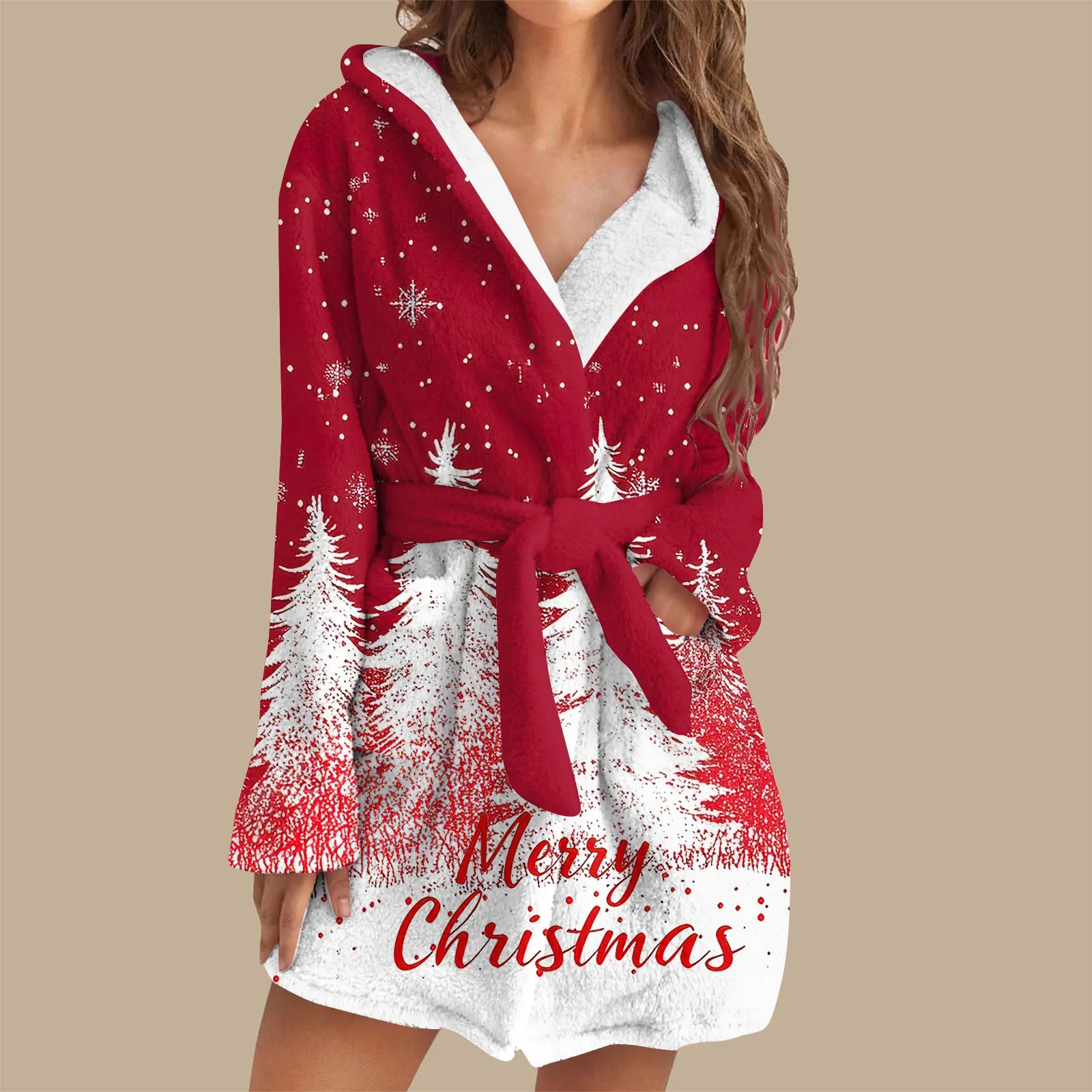 

Халат женский зимний с принтом рождественской елки с длинным рукавом, плюшевая теплая одежда для дома, популярная женская домашняя одежда, уютная мягкая праздничная одежда для сна