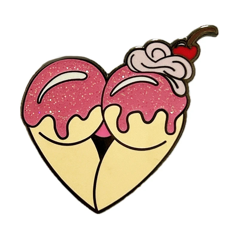 

Distributor Cartoon pink cherry ice cream Lapel Pin Ice cream shaped like a butt Black Nickel Metal Soft Enamel Badge For Gift