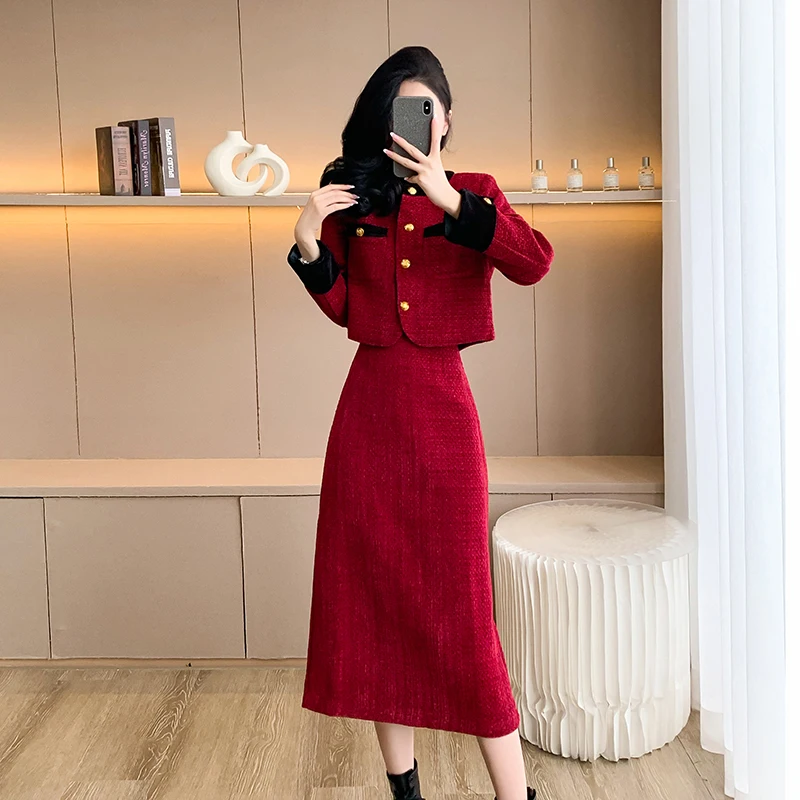 Luxury Korean Fashion Vintage Women Autumn Winter Tweed 2 Piece Set Short Coat Outwer+Casual Party Long Skirts Sets