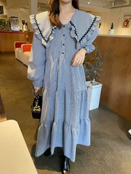 Vintage Plaid Dress For Women Peter Pan Collar Loose Long Sleeve Casual Ankle Dresses Female Korean Fashion Clothing New N787
