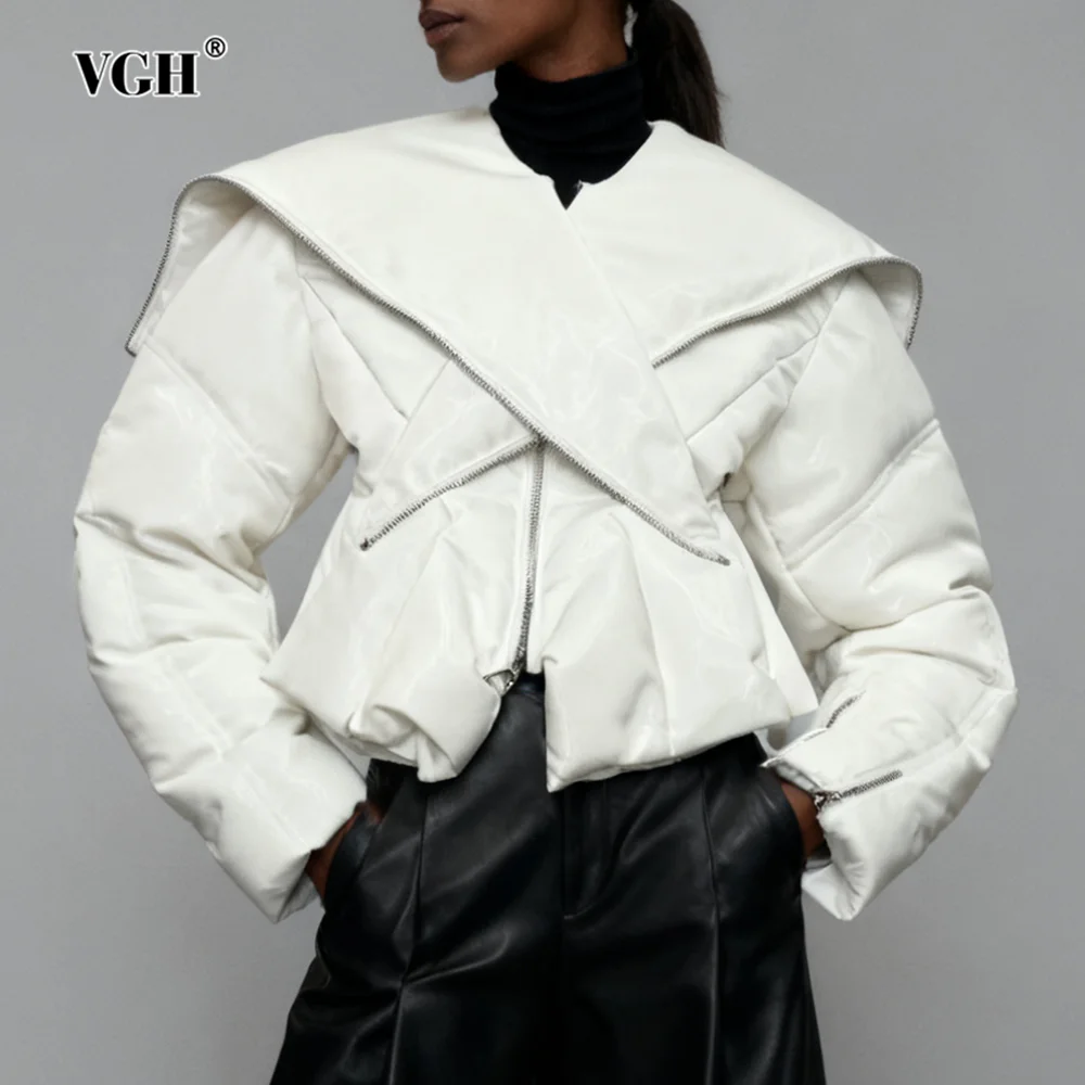 

VGH Solid Design Sense Slimming Short Jackets For Women Round Neck Long Sleeve Spliced Zipper Temperament Jacket Female Fashion