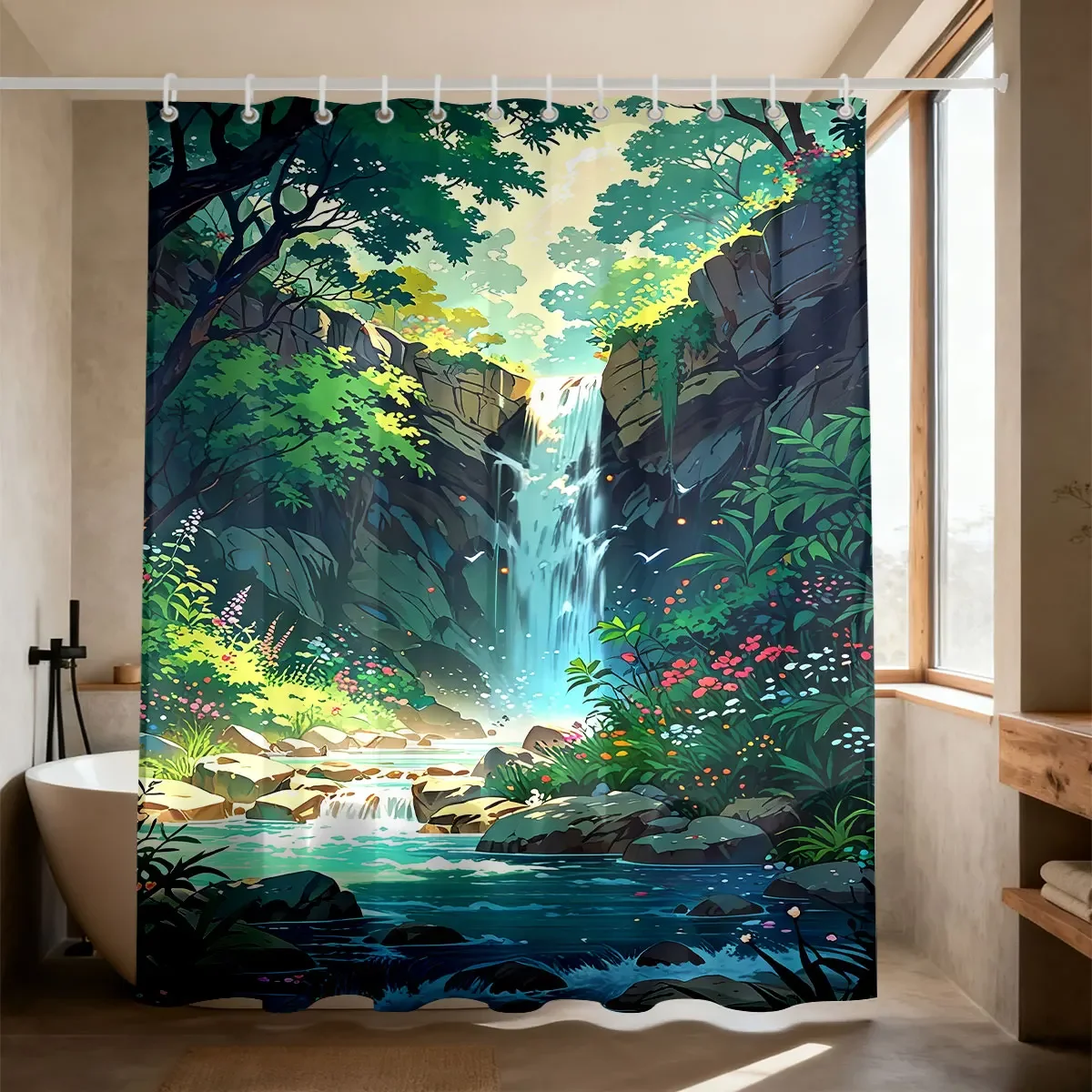 1pc Waterfall Landscape Print Shower Curtain Multi Size Partition Privacy Hanging Curtain With 12 Hooks Home Bathroom Decoration