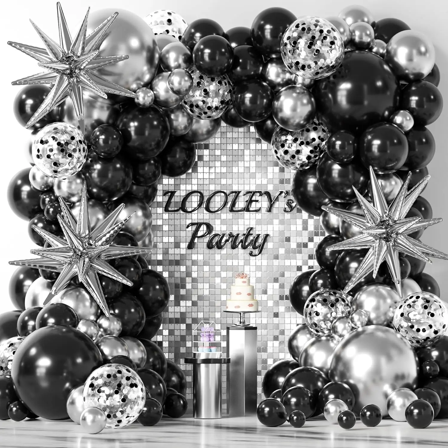 98Pcs Black and Silver Balloons Garland Arch Kit with Stars Silver Confetti Balloons for Graduation Birthday Party Decorations