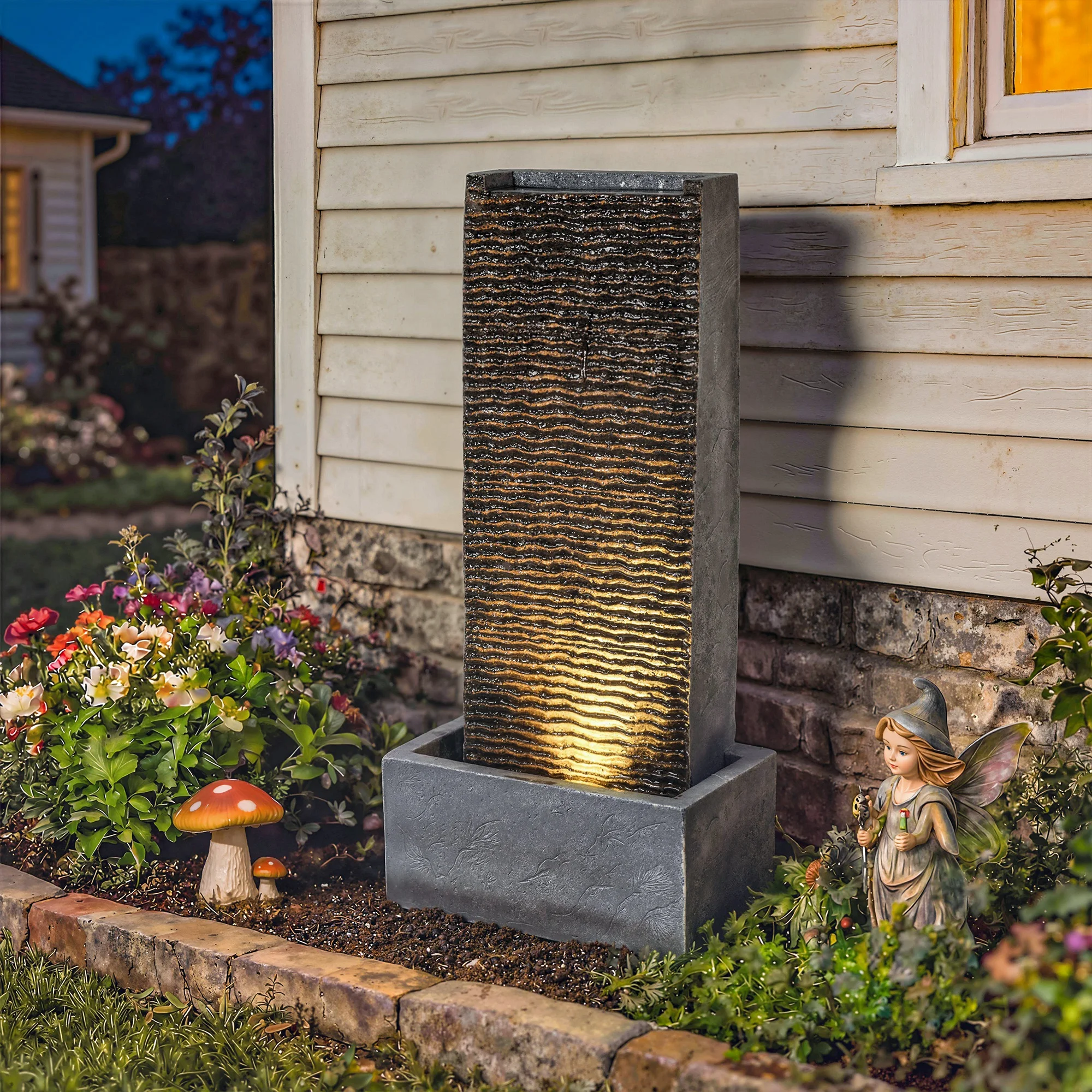 Fontaine de jardin à 2 niveaux avec éclairage LED, pompe, aspect granit, 37,5 x 22 x 80 cm, élément aquatique extérieur