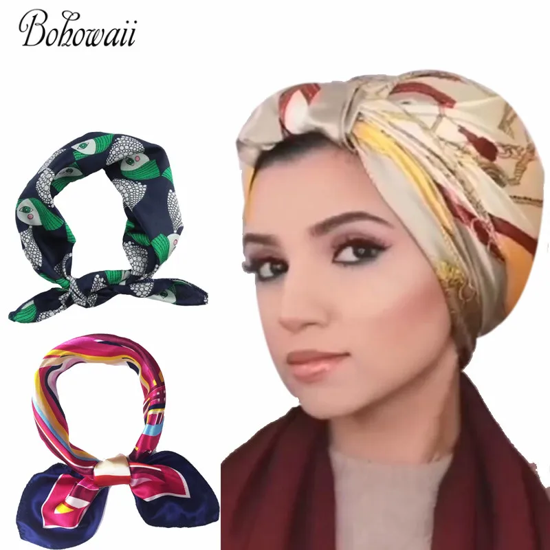 BOHOWAII Muslim Hijab Headband Silk Feeling Scarf Medium Square Satin Head Scarf for Women 50X50CM Bandana