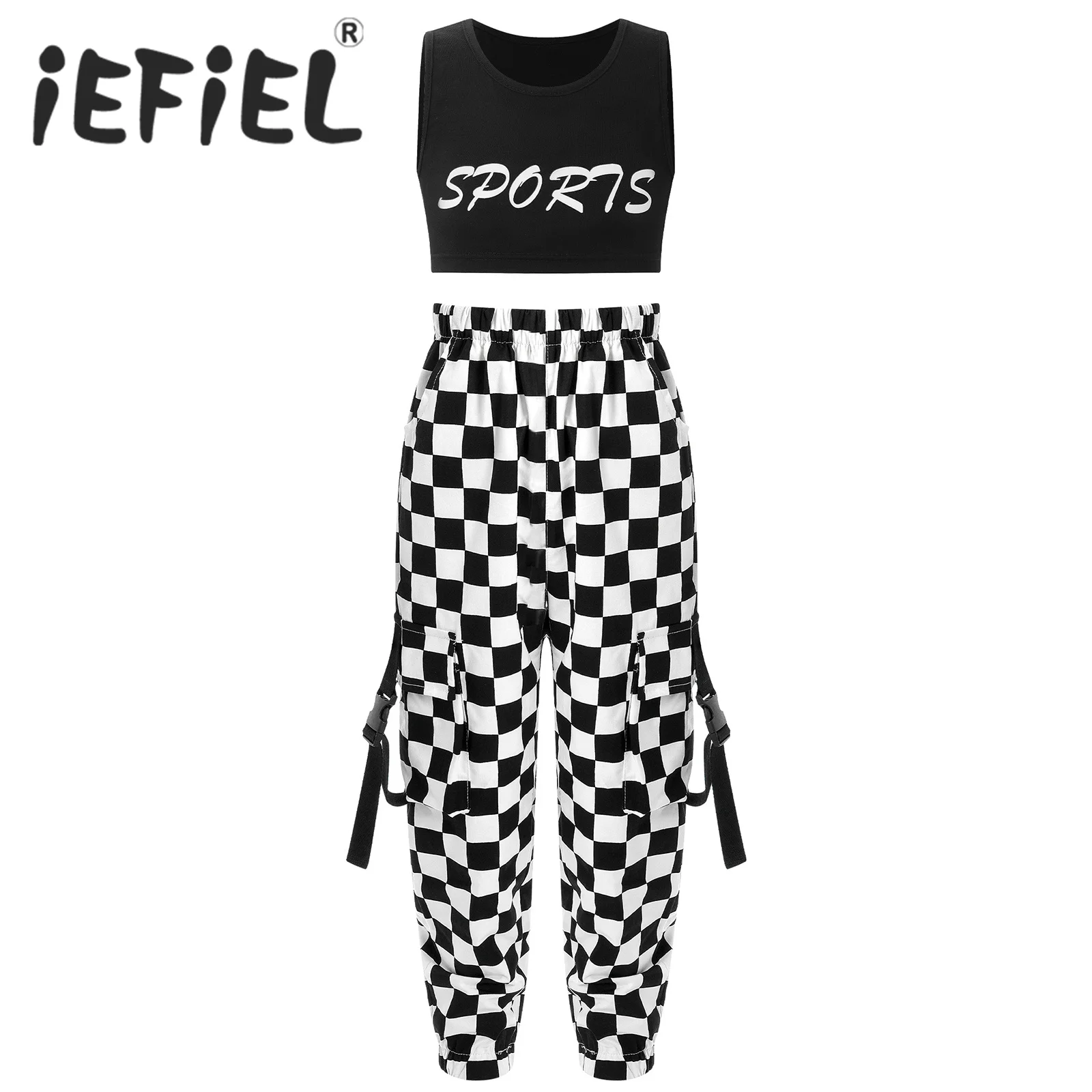 

Kid Girls Sports Gymnastics Workout Outfits Letters Printed Crop Top with Plaid Pants for Ballet Dance Hip-hop Dance Performance