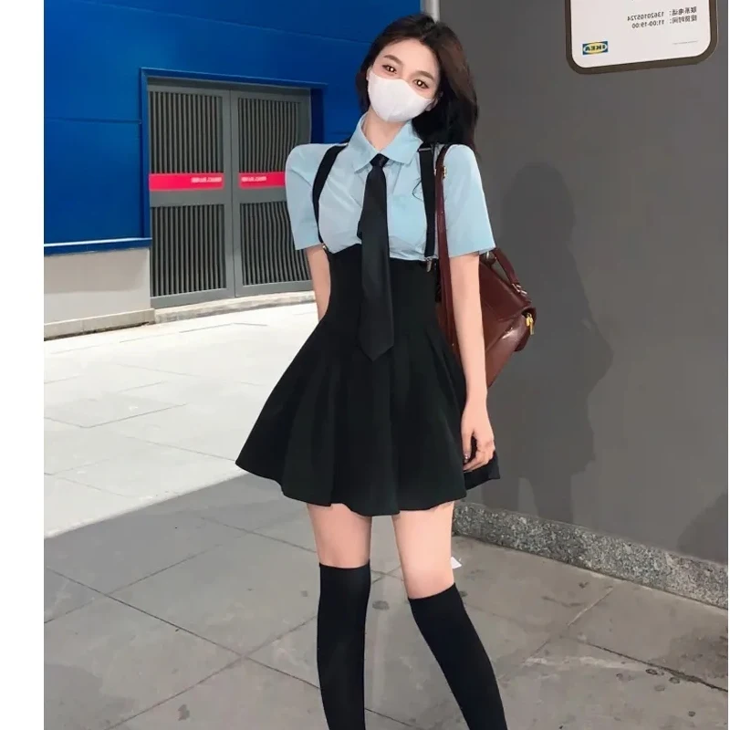 Extra Large Preppy Style Retro Blue Shirt with Tie Sexy Outfit High Waist Corset Strap Pleated Skirt COS JK School Uniform Suit