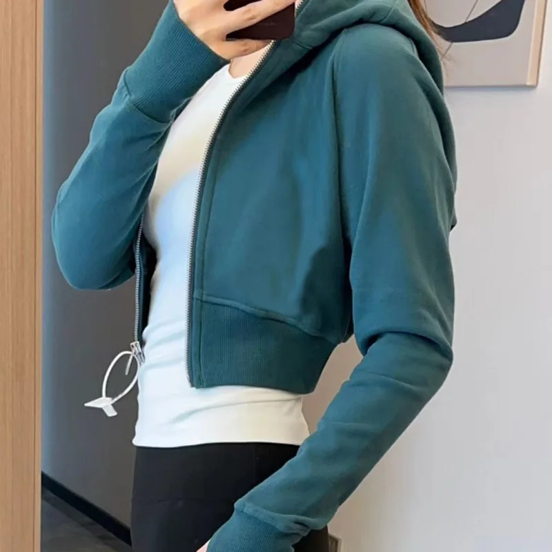 Women Oversized Hoodie Short Jackets No Fleece Sweatshirts Soft Thumbholes Leisure Sporty Coat