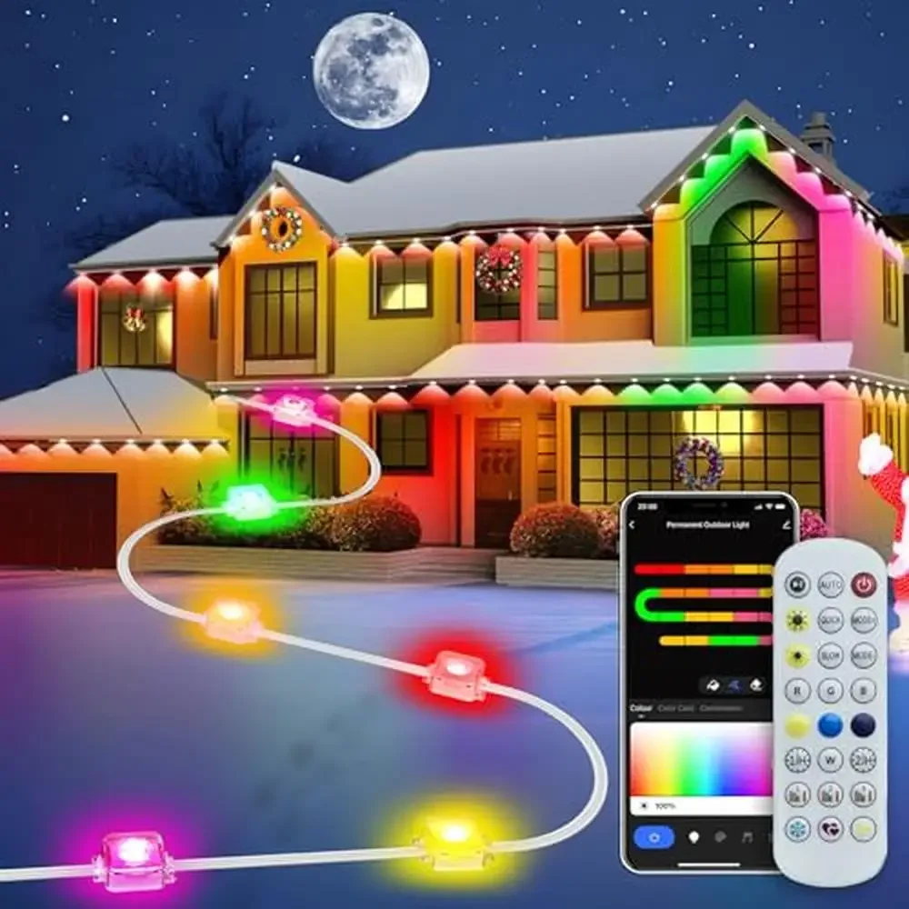 Permanent Smart RGB IC LED Eaves Lights 100ft Halloween House Outdoor Lighting Kit with 54 Scene Modes & Music Control IP67